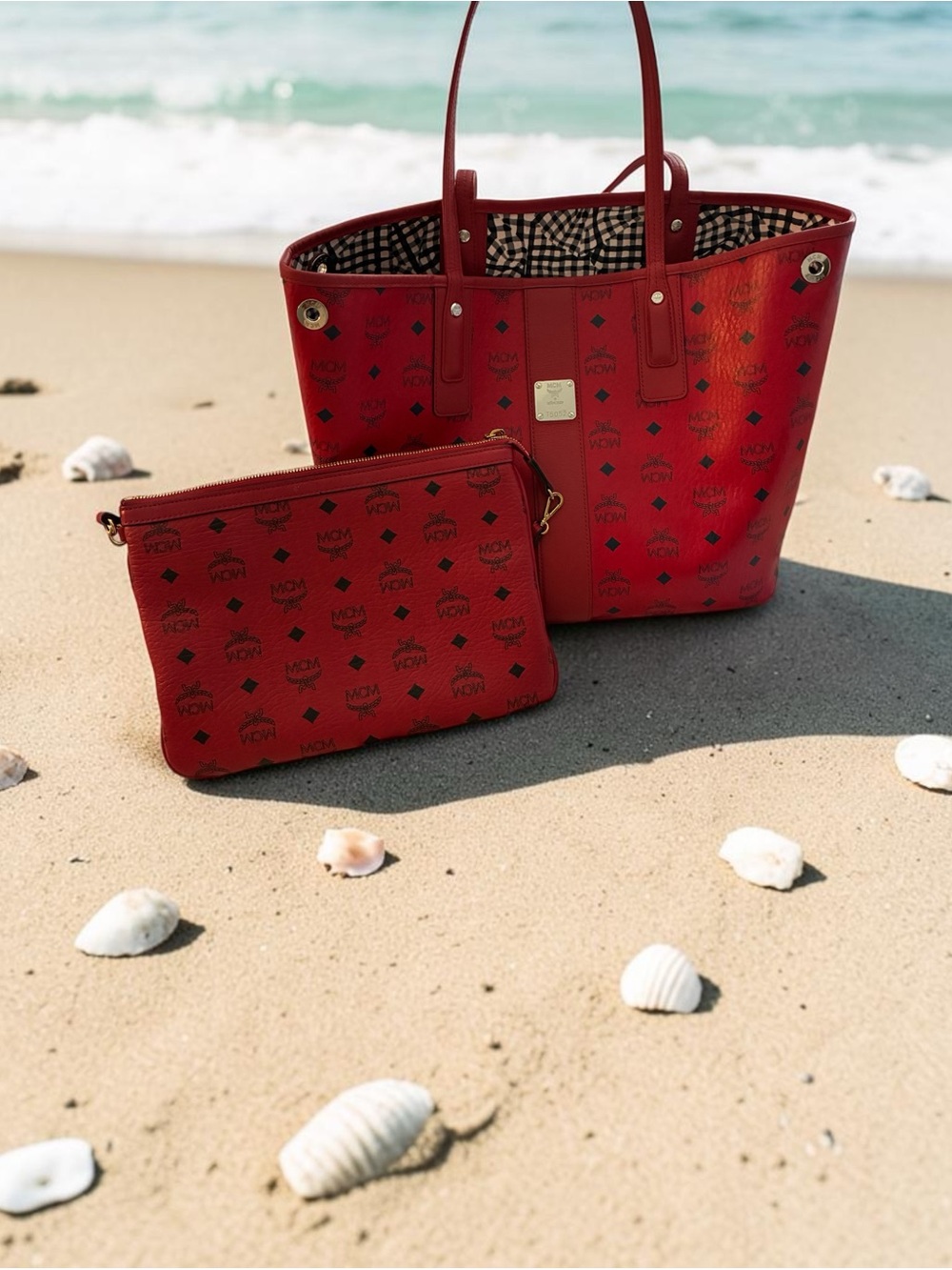 MCM Red Logo-Print Tote with Matching Pouch